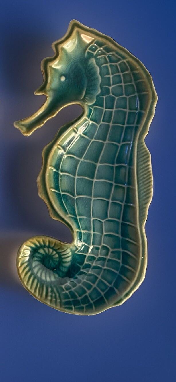 Vintage Ceramic Blue Green Seahorse Trinket Dish 9.75"L x 5.5"W
